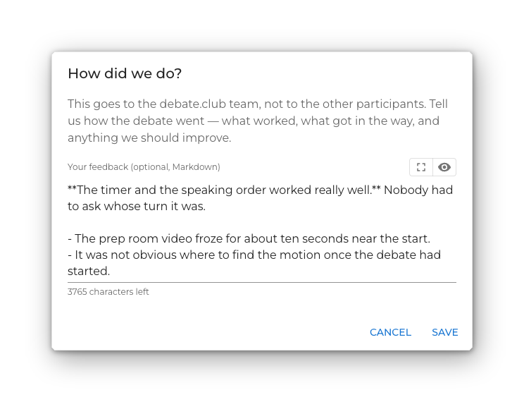 The How did we do dialog with feedback written in Markdown