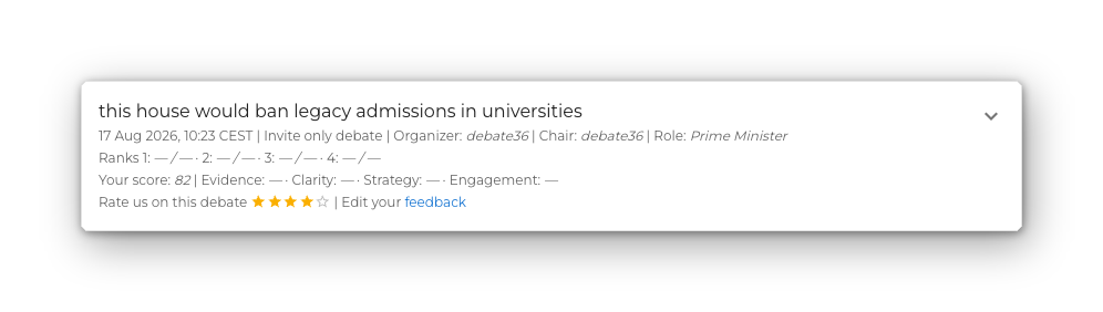 Recent-debates card rated four stars, with feedback already sent