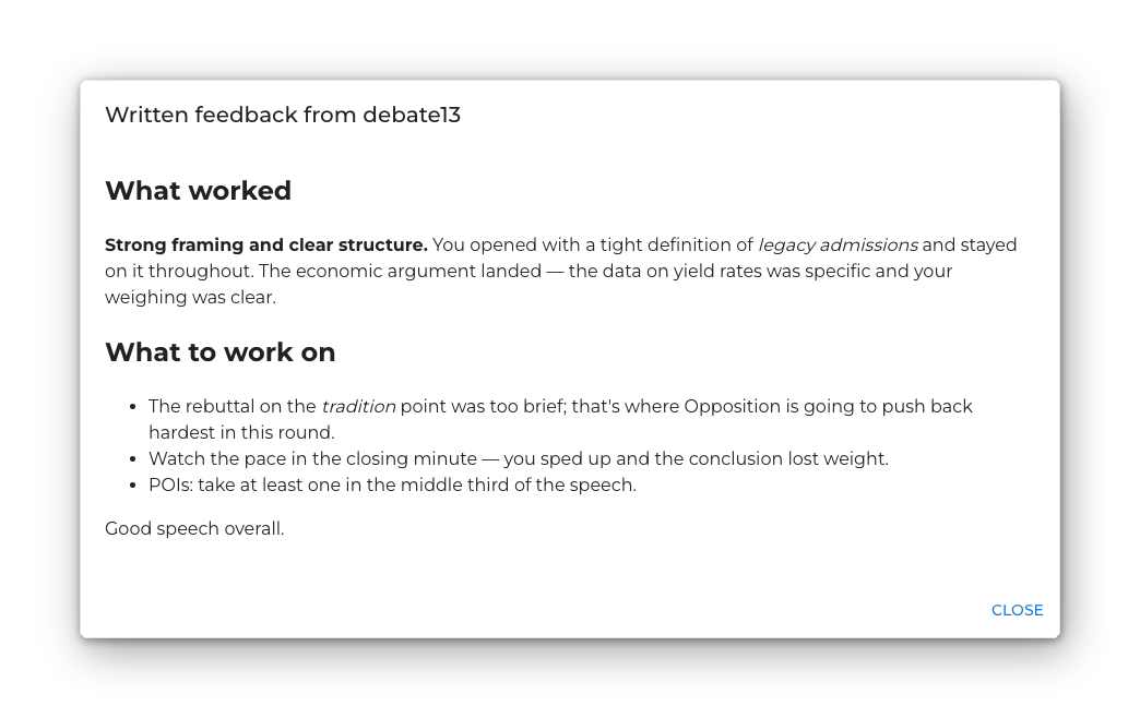 Written feedback dialog with the Chair's Markdown notes