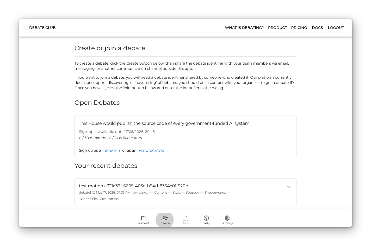 Home page with Open Debates section